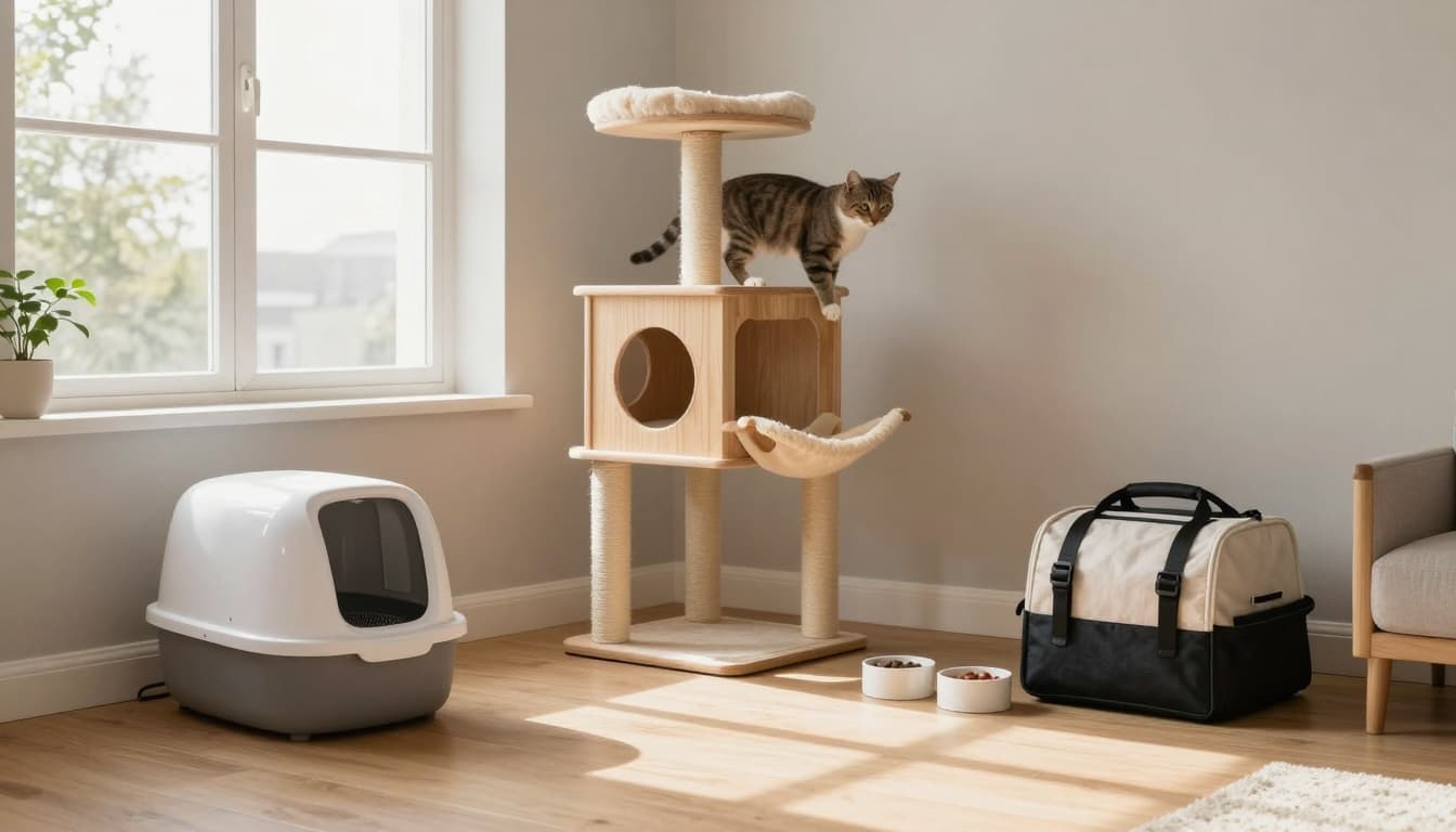Premium lifestyle photo in a modern Scandinavian living room bathed in bright natural light, featuring a sleek cat climbing a wooden cat tree with hammocks, tunnels, and scratching posts, alongside stylish litter box, food bowls, cozy bed, and carrier.