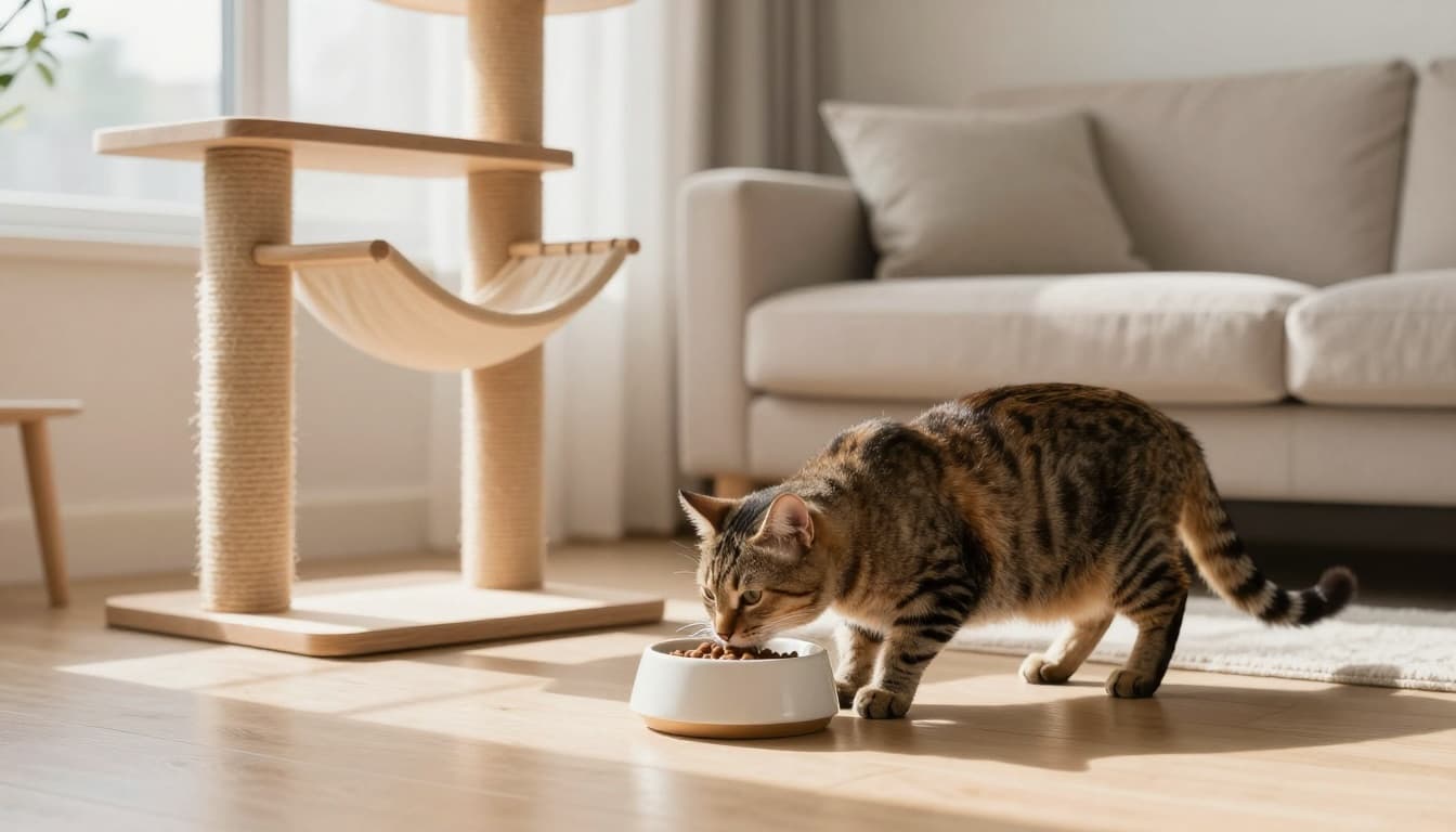 A sleek adult cat eats from a modern ceramic food bowl on a light wooden floor in a bright Scandinavian living room, with a minimalist Meowood-style cat tree nearby blending into the cozy neutral decor.