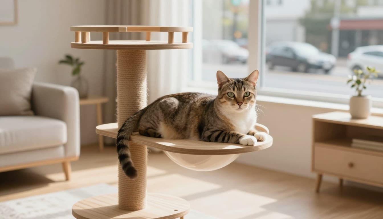 A sleek indoor cat lounges contentedly on a premium wooden cat tree in a bright Scandinavian living room with minimalist decor and natural light. A window in the background reveals a busy street, highlighting the safe, cozy interior.