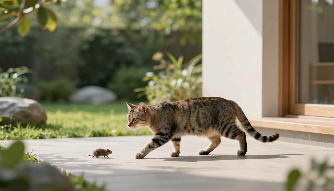 A sleek adult cat in hunting pose stalks a small rodent through a lush verdant garden beside a modern Scandinavian-style home, bathed in bright natural sunlight with minimalist decor.