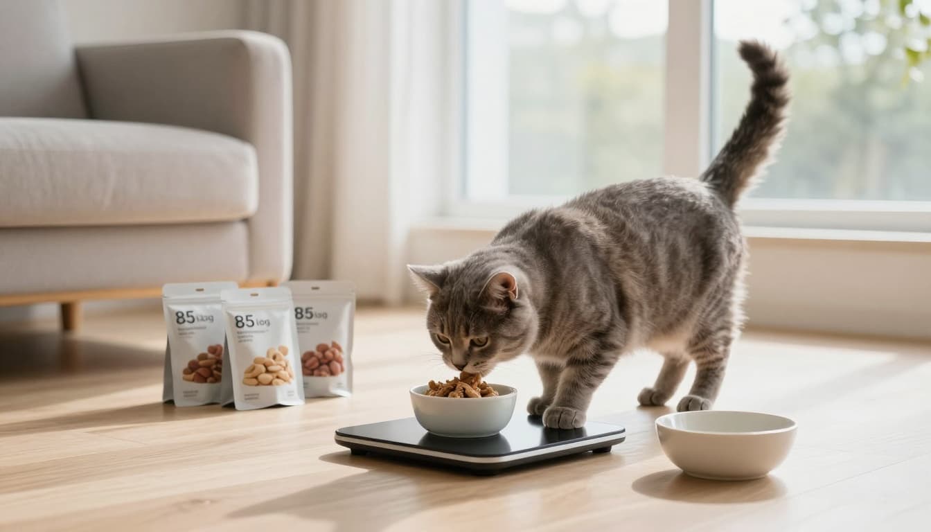 An adult slender gray cat stands on a precise digital scale in a bright, cozy Scandinavian living room with natural light, minimalist furniture, and nearby opened 85g cat food pouches with an empty ceramic bowl.