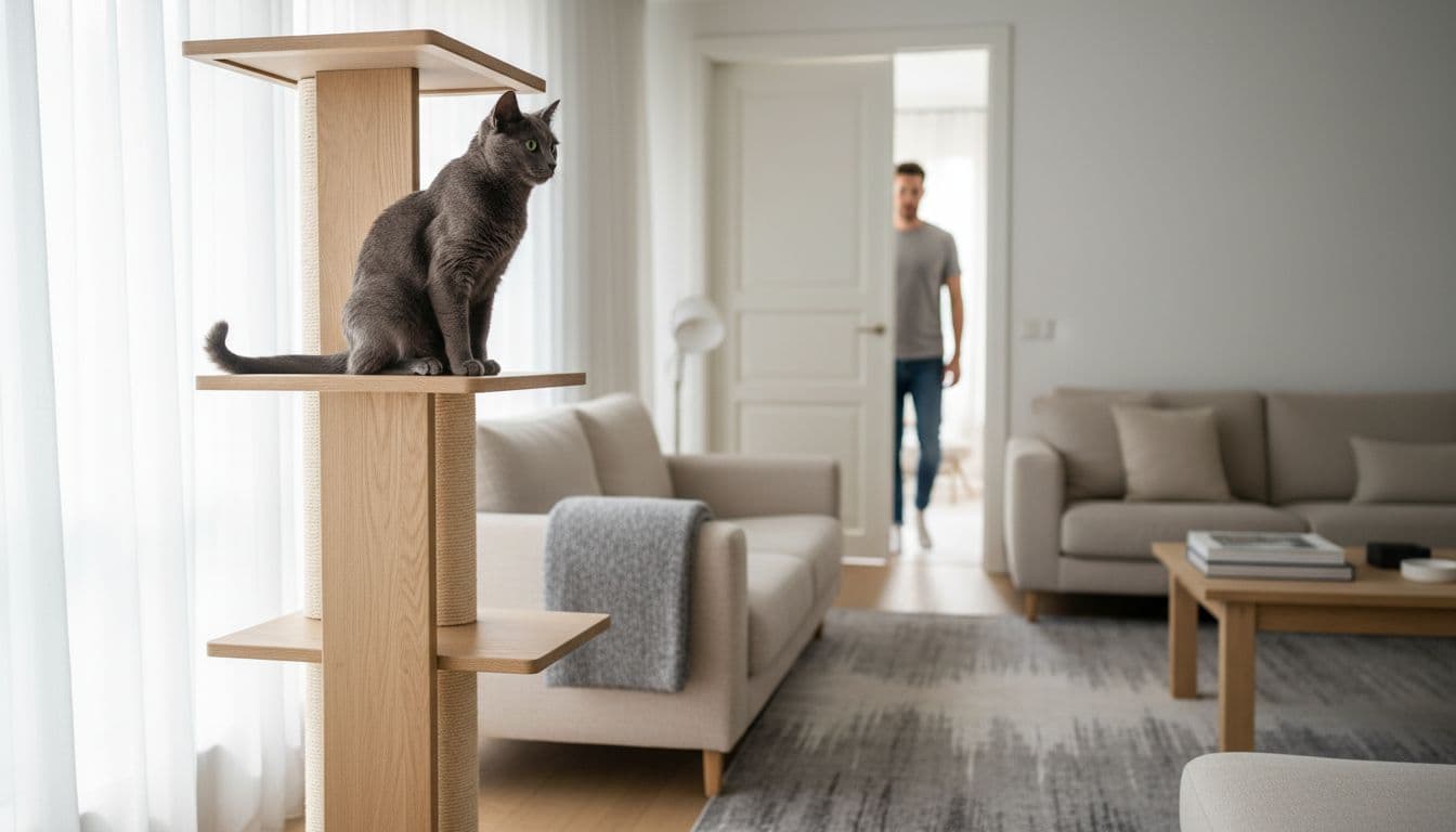 A sleek gray cat perched high on a solid wood cat tree in a modern Scandinavian living room with natural light and minimalist decor, calmly observing a blurred figure entering through the door.