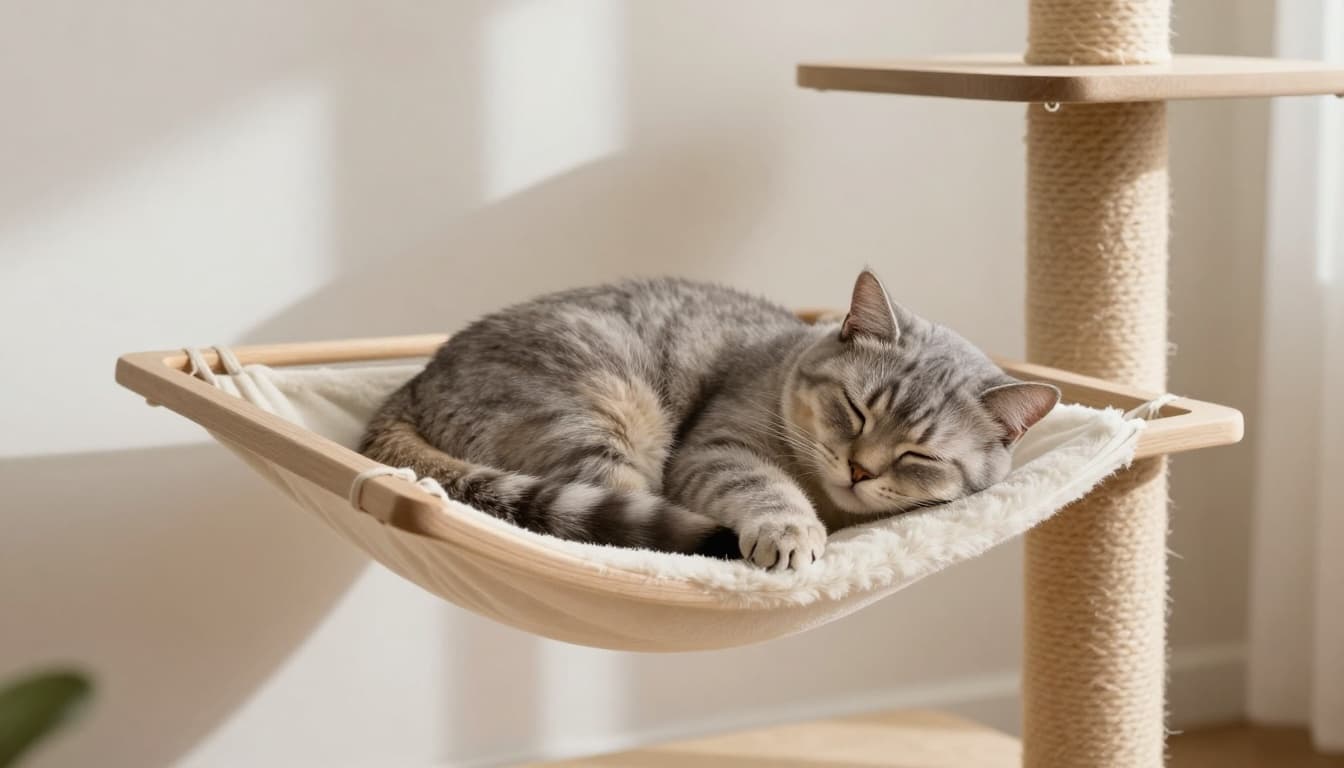 A cat in deep sleep curled up comfortably on a hammock of a designer solid wood cat tree in a cozy Scandinavian living room with minimalist decor and soft natural light.