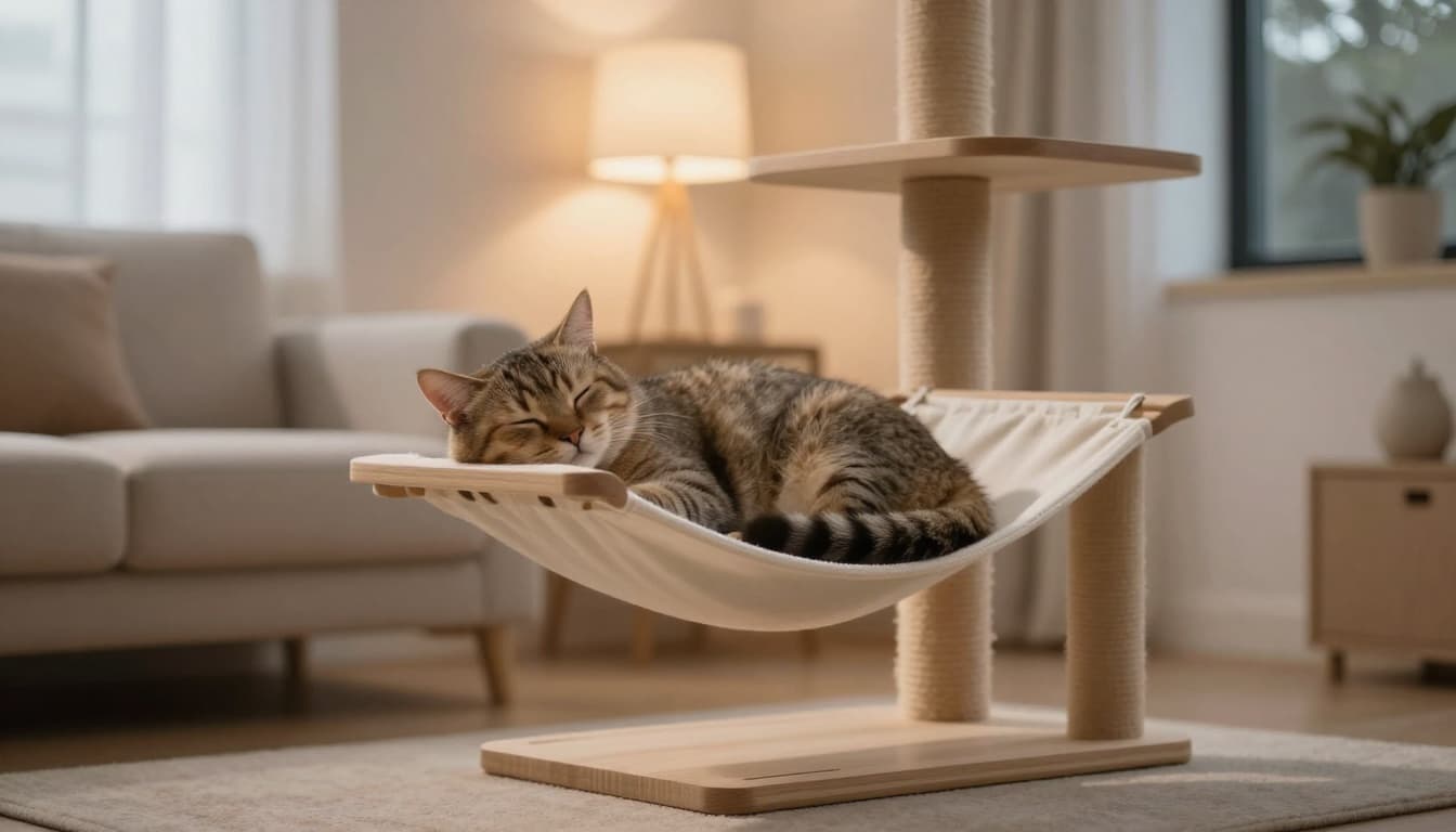 A beautiful domestic cat sleeps lightly on a hammock platform of a modern light wood cat tree in a cozy Scandinavian living room at dusk, illuminated by soft warm lamp light with a peaceful minimalist atmosphere.