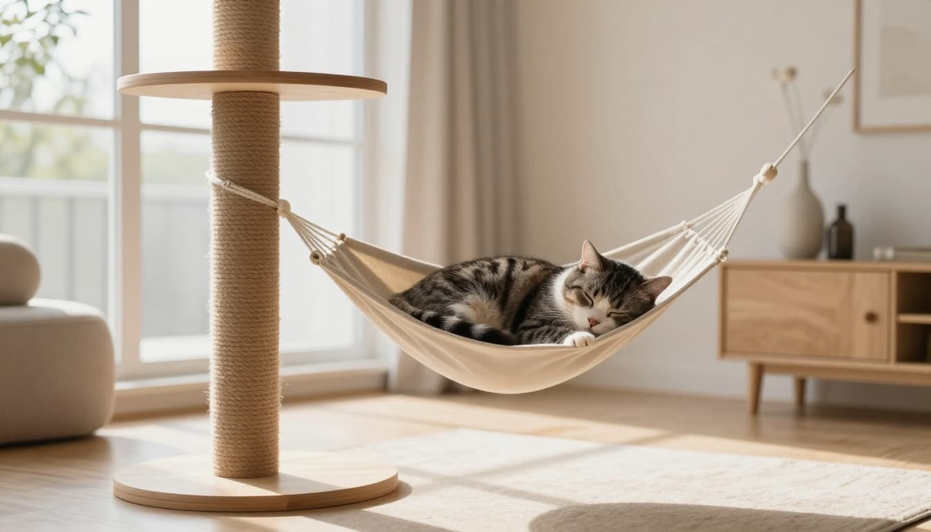 A relaxed adult cat sleeps deeply curled up on a cozy hammock of a sturdy wooden cat tree in a bright modern Scandinavian living room with natural light and minimalist decor.