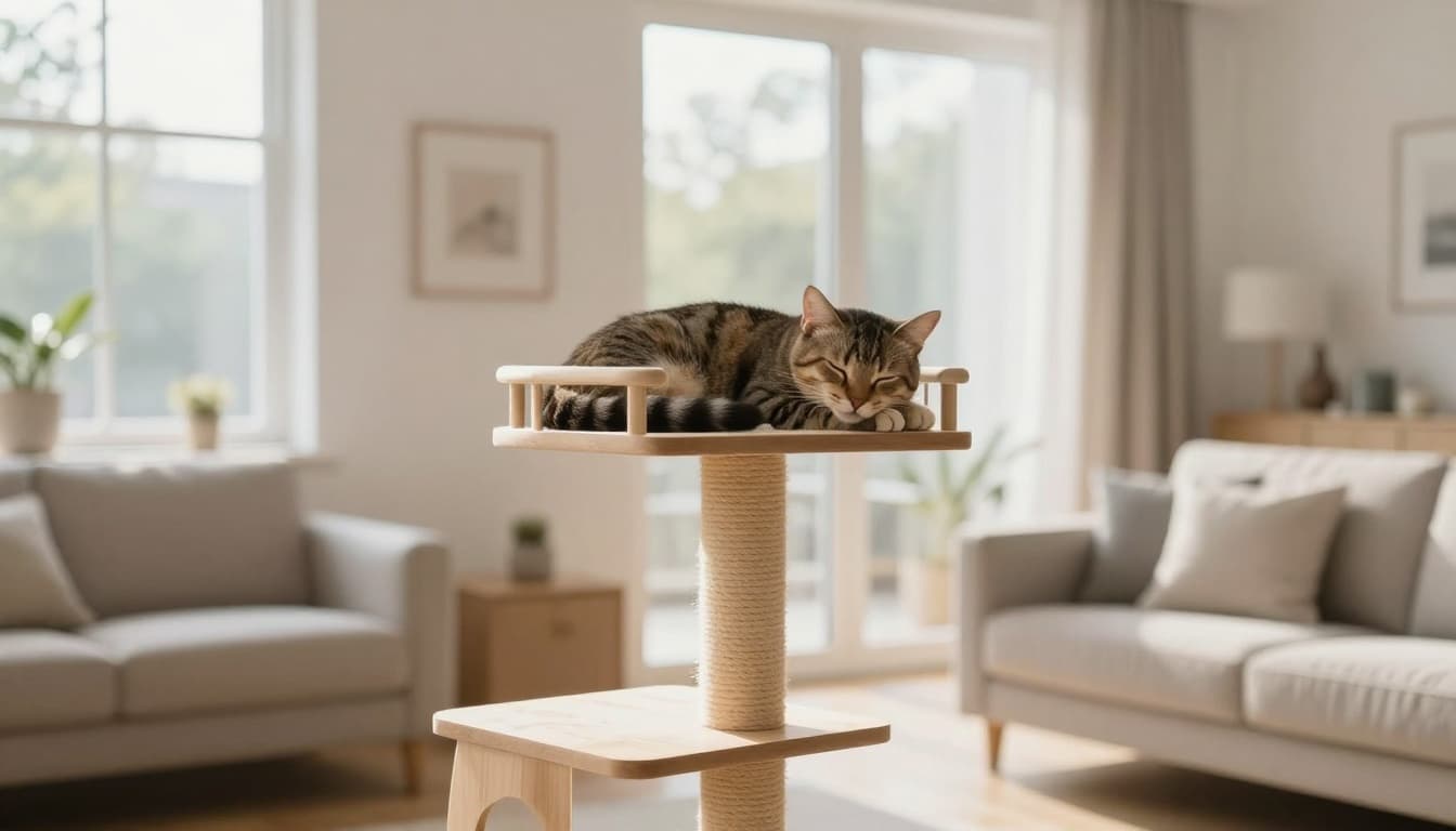 In a bright modern Scandinavian living room with natural daylight, minimalist decor, and light wood furniture, a sleek adult cat sleeps curled up on a high sturdy perch of a premium solid wood cat tree, evoking deep relaxation.