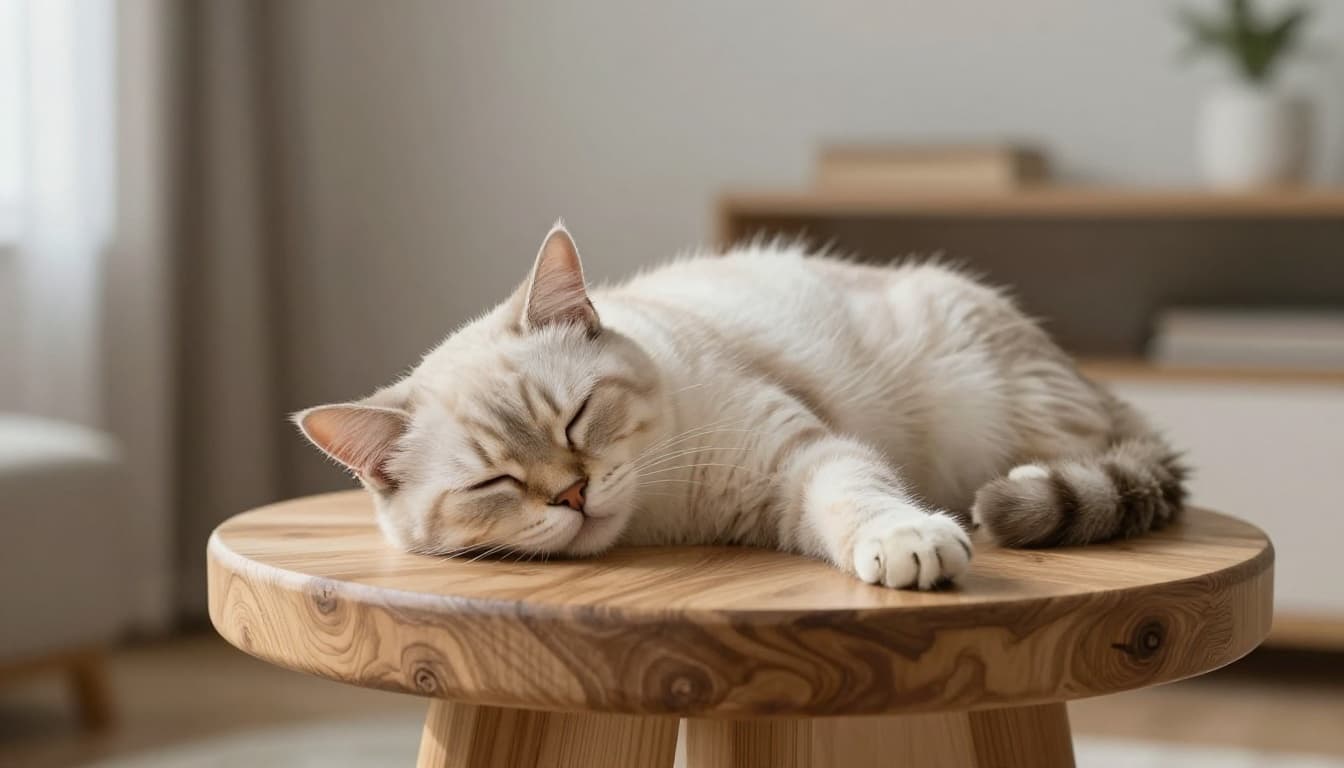 A cat deeply asleep in REM sleep with twitching paws and moving whiskers on a stylish wooden cat tree in a bright Scandinavian interior with natural light and minimalist decor.