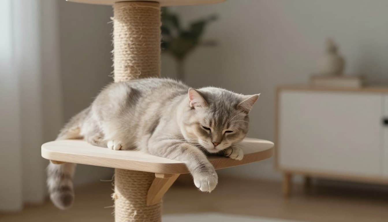 An adult cat sleeps peacefully on a stable perch of a premium cat tree in a bright minimalist Scandinavian living room with soft natural light and neutral beige, light wood, soft gray tones. The cat exhibits a slight front paw tremor as if dreaming, with relaxed posture and steady breathing in a warm, cozy, elegant atmosphere.