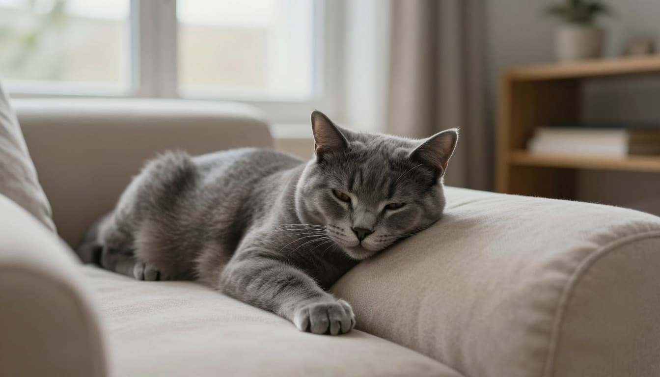 A gray cat with closed eyes sleeps deeply and relaxed on a person's chest while they lie on a sofa in a bright, minimalist Scandinavian interior with natural light and neutral tones.