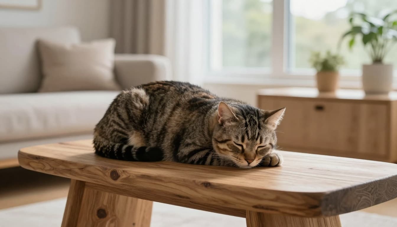 An adult gray tabby cat sleeps deeply curled up on an elegant wooden cat tree perched high in a modern Scandinavian living room with soft natural light and cozy minimalist decor.