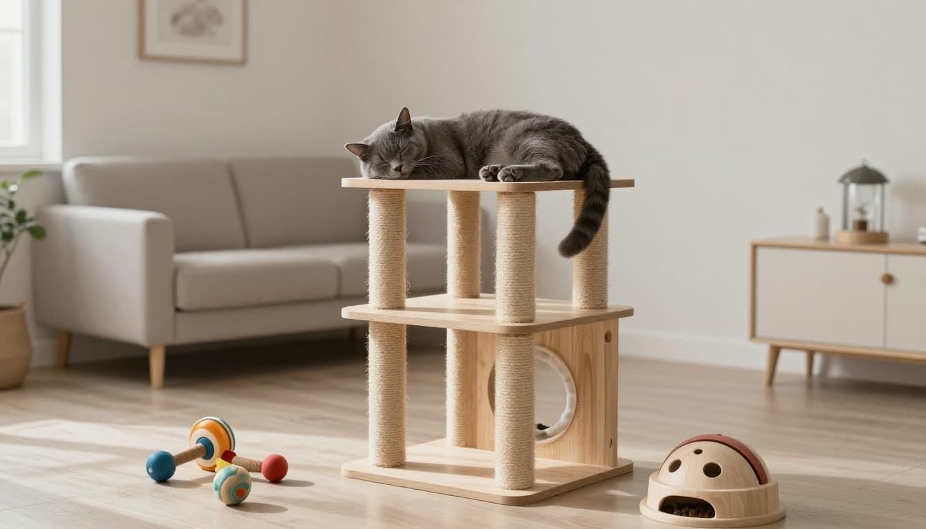 An adult grey cat sleeps contentedly high on a multi-level solid wood cat tree with climbing paths and platforms, in a bright minimalist Scandinavian living room surrounded by toys.