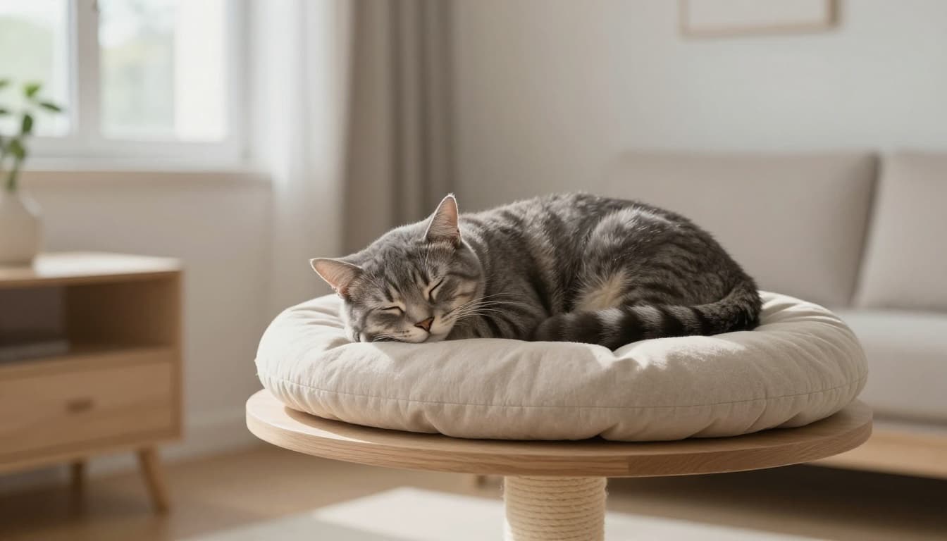 A healthy adult grey tabby cat sleeps comfortably uncovered and curled up loosely on a soft beige cushion atop a minimalist wooden cat tree perch in a bright Scandinavian living room with natural daylight and neutral tones.