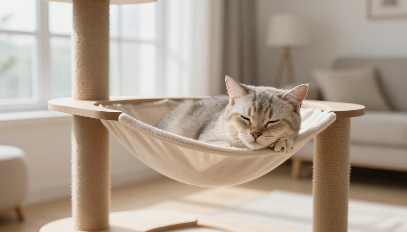A domestic cat lightly sleeps with twitching ears and half-closed eyes on a beige hammock platform of a wooden cat tree in a bright Scandinavian living room with minimalist decor and natural light.
