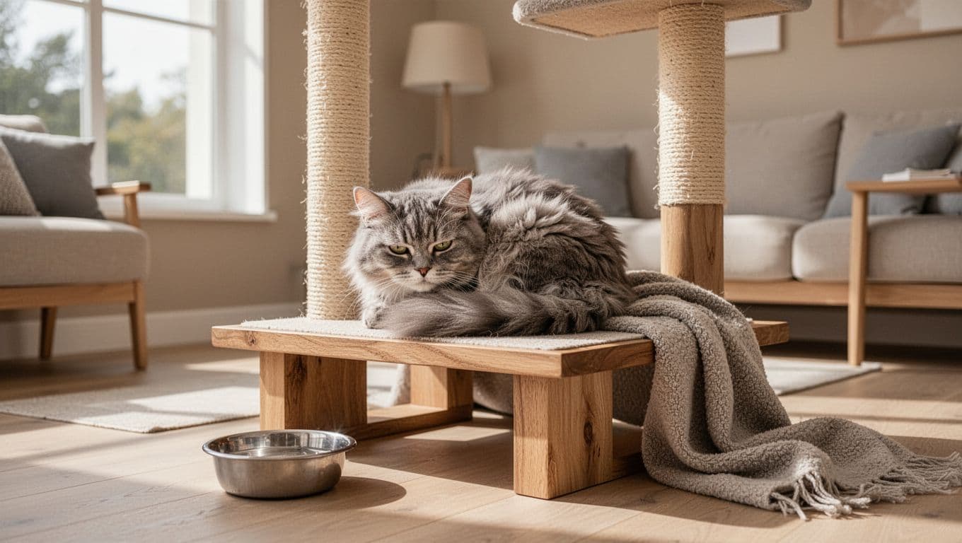 A groggy fluffy domestic shorthair cat curls up sleepily on a wooden cat tree platform in a bright Scandinavian living room after surgery, with natural light and cozy neutral tones.