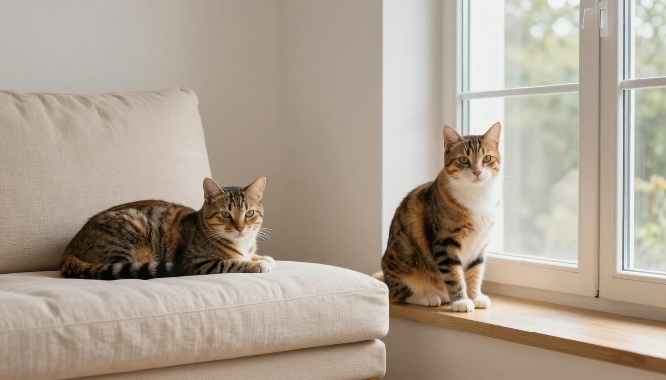 Two cats with contrasting personalities in a cozy Scandinavian living room: a sleepy indoor cat lounging on a light wood sofa and an alert adventurous cat perched near an open window to a garden. Natural light, minimalist beige and wood decor, soft shadows, and depth of field create a calm vs. active mood in premium realistic lifestyle photography.