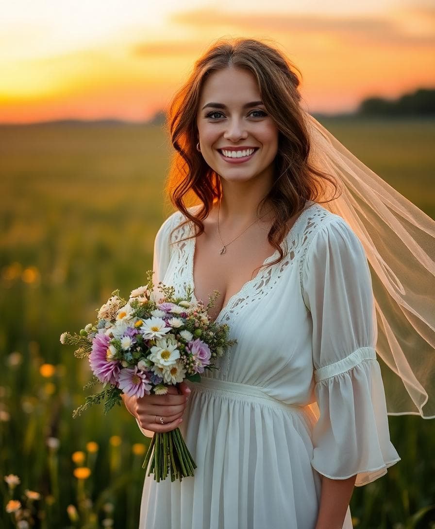 Mariée bohème souriante au coucher du soleil avec bouquet de fleurs sauvages