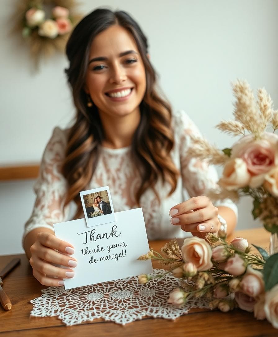 Mariée bohème tenant une carte de remerciement avec une photo attachée, ambiance douce et chaleureuse