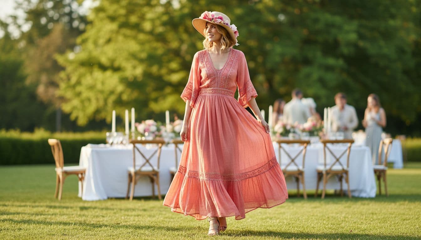 Invitée en robe bohème colorée, capeline et sandales bloc lors d’une garden party