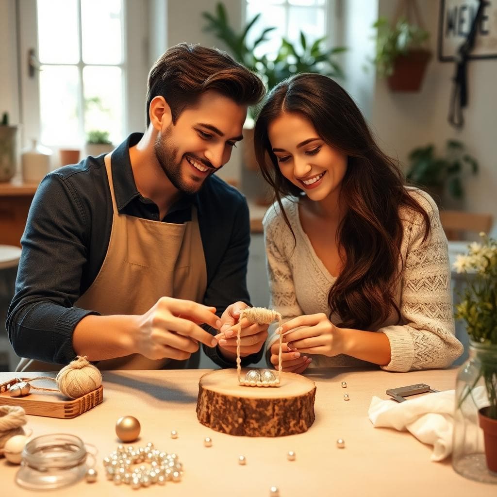 Couple créant un souvenir DIY avec matériaux naturels et touches argentées