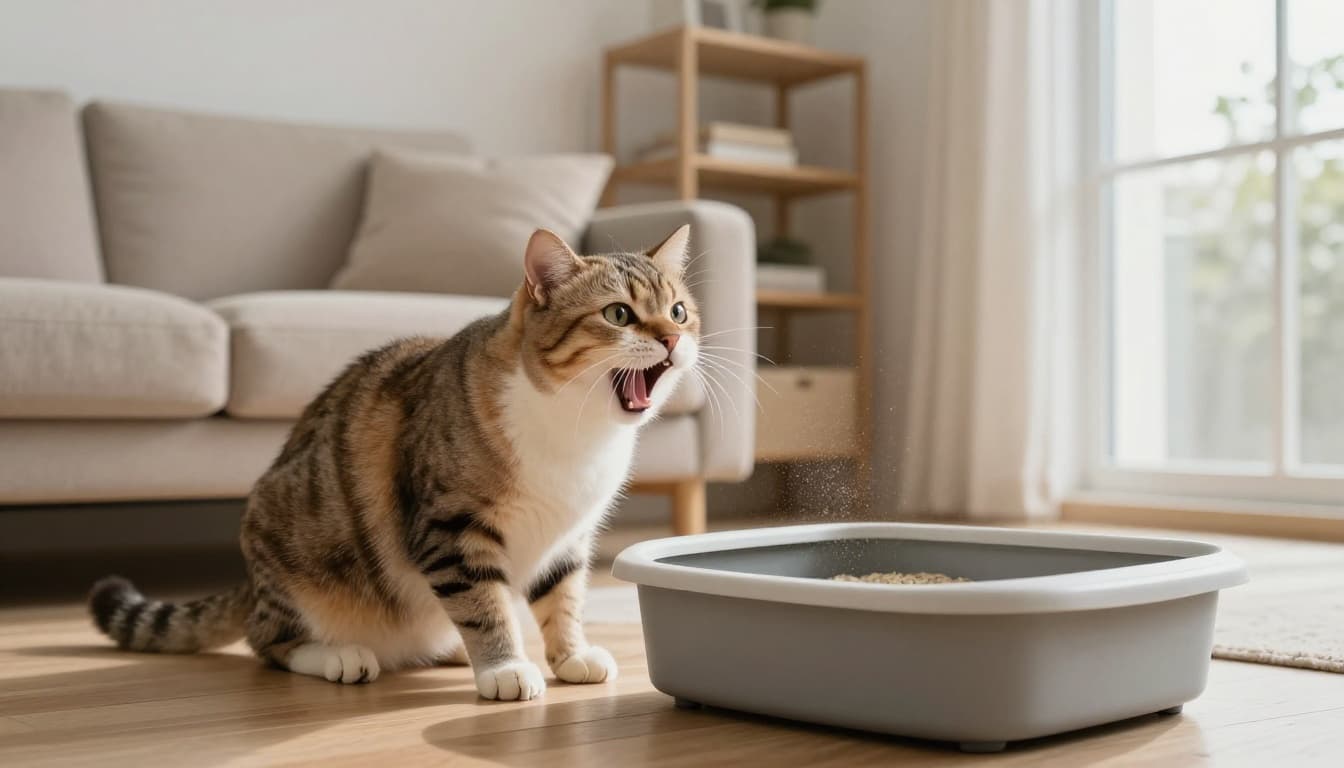 A domestic cat mid-sneeze near an open litter box with visible dust particles in a bright Scandinavian minimalist living room.