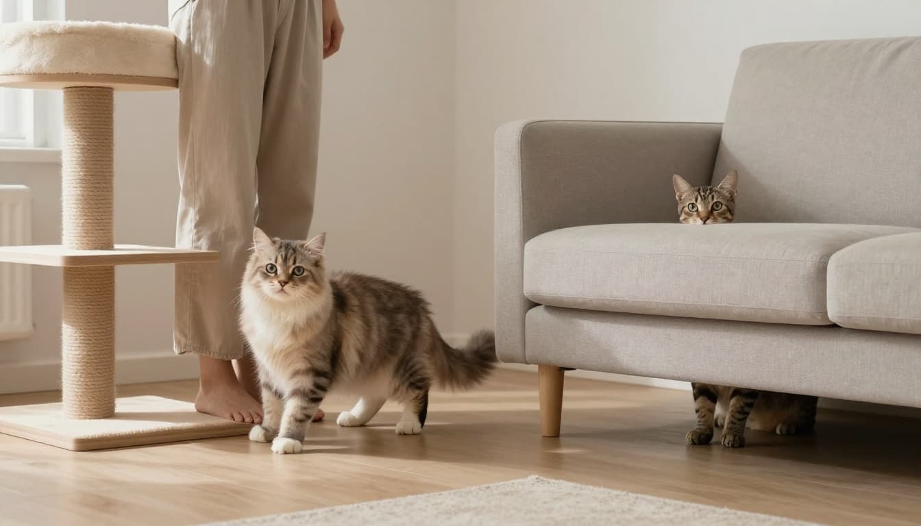 Split scene in a modern Scandinavian interior featuring a playful fluffy cat rubbing affectionately against human legs near a cat tree on the left, and a wary tabby cat peeking from under a sofa on the right.