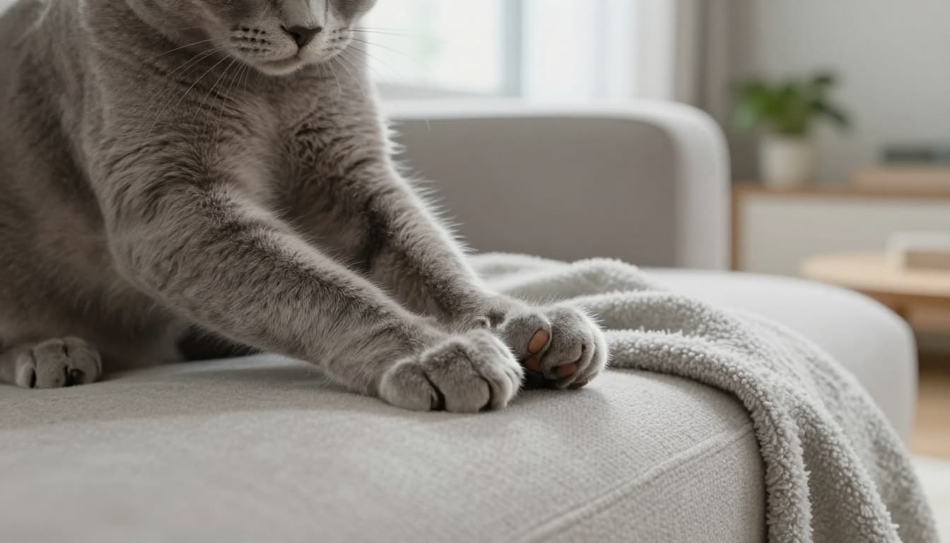 A soft grey cat kneads rhythmically with its front paws on a fuzzy light grey blanket in a bright Scandinavian living room.