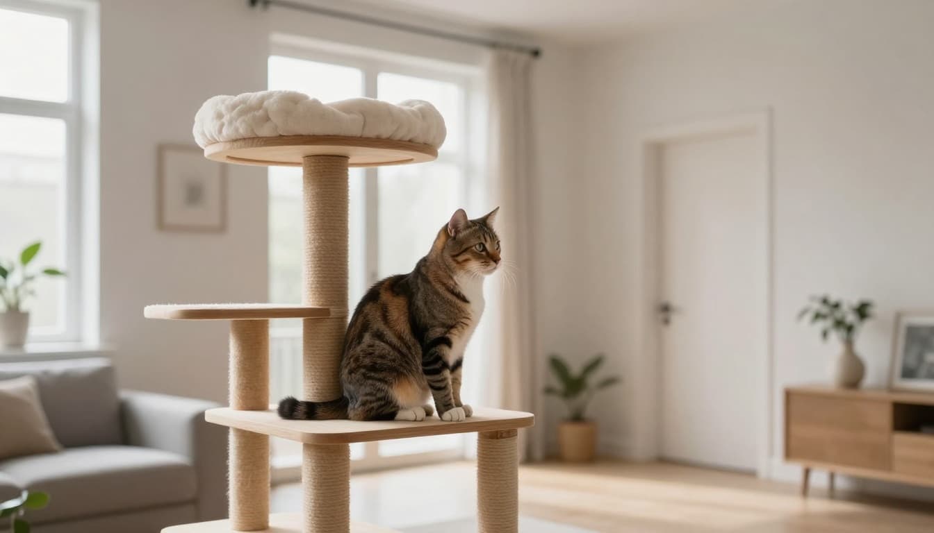 A solitary adult cat sits alone on a sturdy light wood cat tree perch in a bright Scandinavian minimalist living room, gazing longingly towards an empty doorway evoking mild solitude. The scene features neutral tones, natural light, and modern cozy decor.