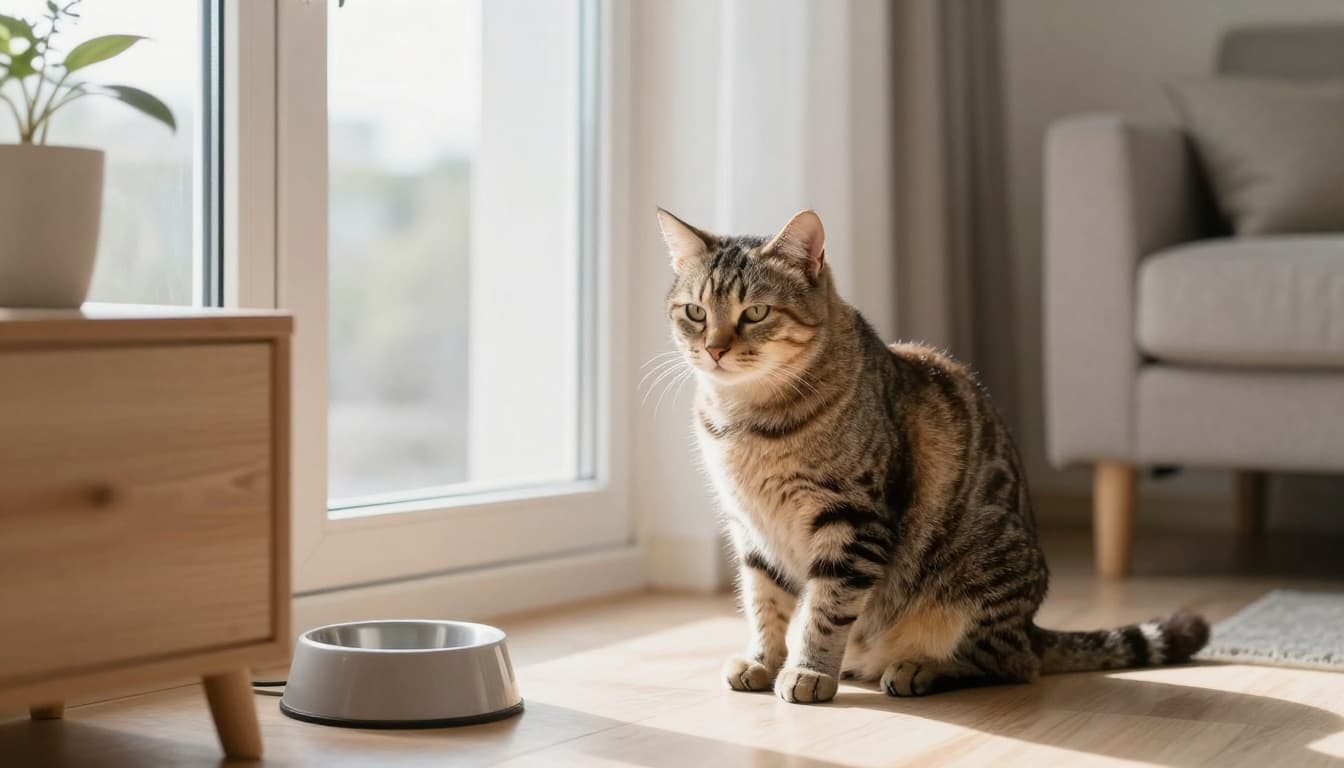 A solitary adult cat sits pensively by a window in a bright minimalist Scandinavian living room with natural light, light wood furniture, and an empty water bowl evoking solitude.