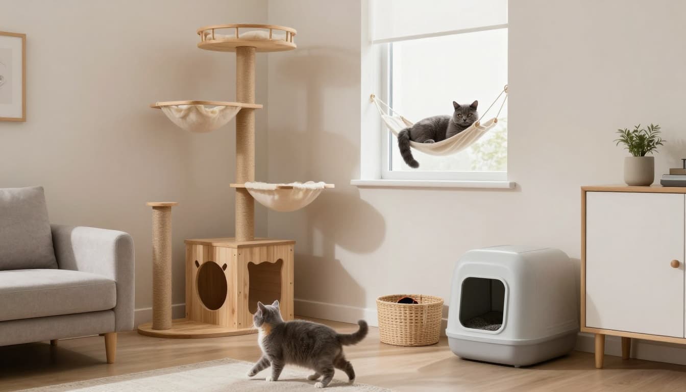 Compact modern Scandinavian apartment featuring space-saving cat furniture like corner cat tree, wall-mounted hammocks, window perch, scratching barrel, toy basket, and hidden litter box in minimalist decor with natural light.