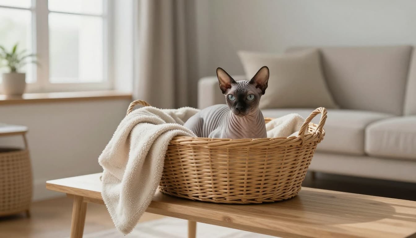 A hairless Sphynx cat rests comfortably in a soft-lined wicker basket on a low wooden shelf in a warm Scandinavian living room with natural light and minimalist decor.