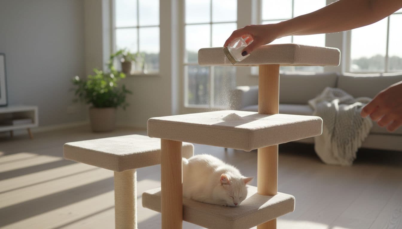 In a bright Scandinavian living room with minimalist decor, a person gently sprinkles white baking soda powder over the cushions of an elegant modern cat tree to neutralize odors. The focus is on the hands applying the powder carefully, with warm sunlight, natural shadows, and a cozy atmosphere.