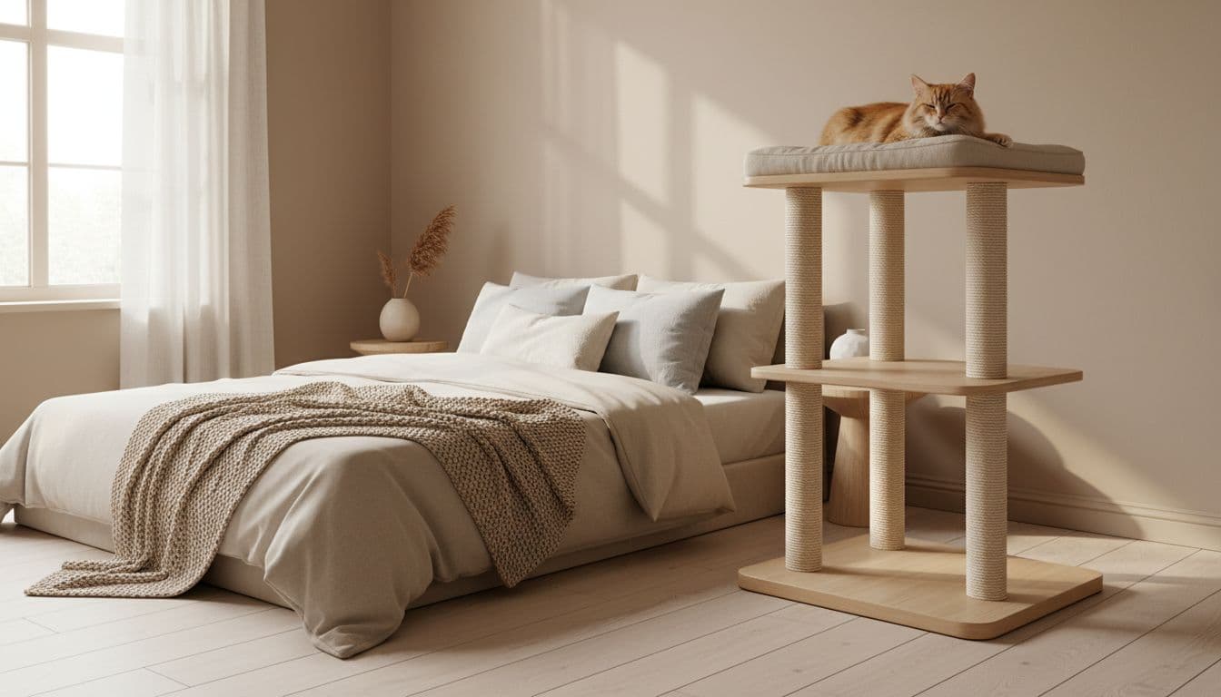 Premium lifestyle photography of a high-end designer cat tree with heavy base and stable platforms in a bright Scandinavian bedroom. A large relaxed cat lounges securely on the top platform amid minimalist neutral decor and natural light.