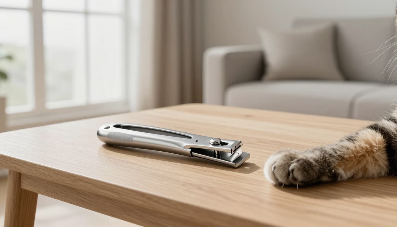 High-quality stainless steel cat nail clipper with ergonomic non-slip handle on a light wooden table in a bright Scandinavian living room, beside a relaxed cat paw showing retracted claws.