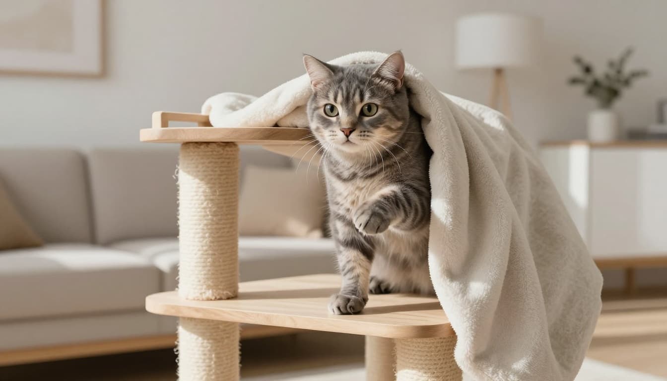 A fluffy grey tabby cat appears startled and pushes against a light blanket draped over it while resting on a high wooden perch of a minimalist cat tree in a bright Scandinavian living room with natural daylight.