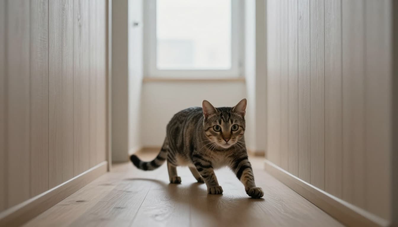 A sleek tabby cat crouches stealthily in a narrow light wood paneled hallway of a minimalist Scandinavian home, poised to ambush passing human legs with dilated pupils and twitching tail. Soft natural light from an end window casts gentle shadows in neutral tones, creating a cozy modern atmosphere.