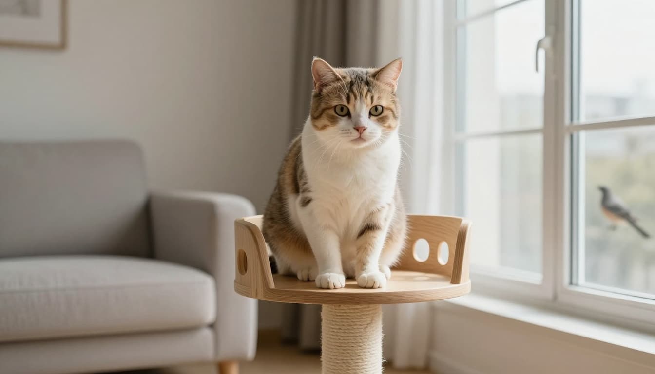 An elegant domestic cat trembles with fear from a bird outside the window, perched tensely on a premium wooden cat tree in a modern Scandinavian living room with soft natural light, minimalist neutral tones, and cozy atmosphere.