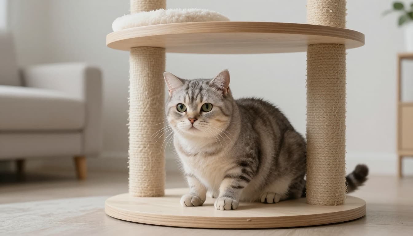 An adult cat showing stress with ears back and dilated pupils hides partially behind a modern cat tree in a calm yet tense Scandinavian interior with soft natural light and neutral tones.