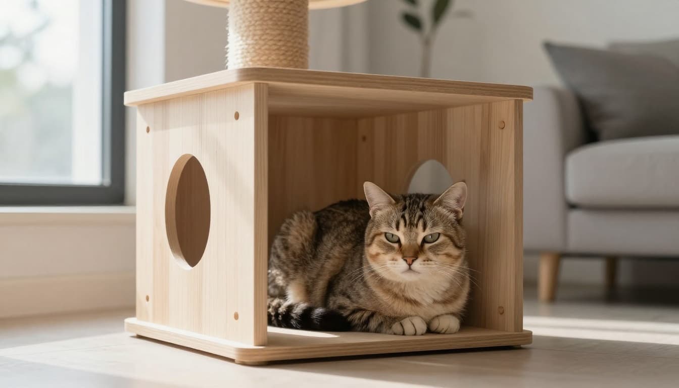 An adult cat curled up in a soft hiding nook beneath a premium light wood cat tree in a cozy Scandinavian-style modern living room with neutral tones and natural light.