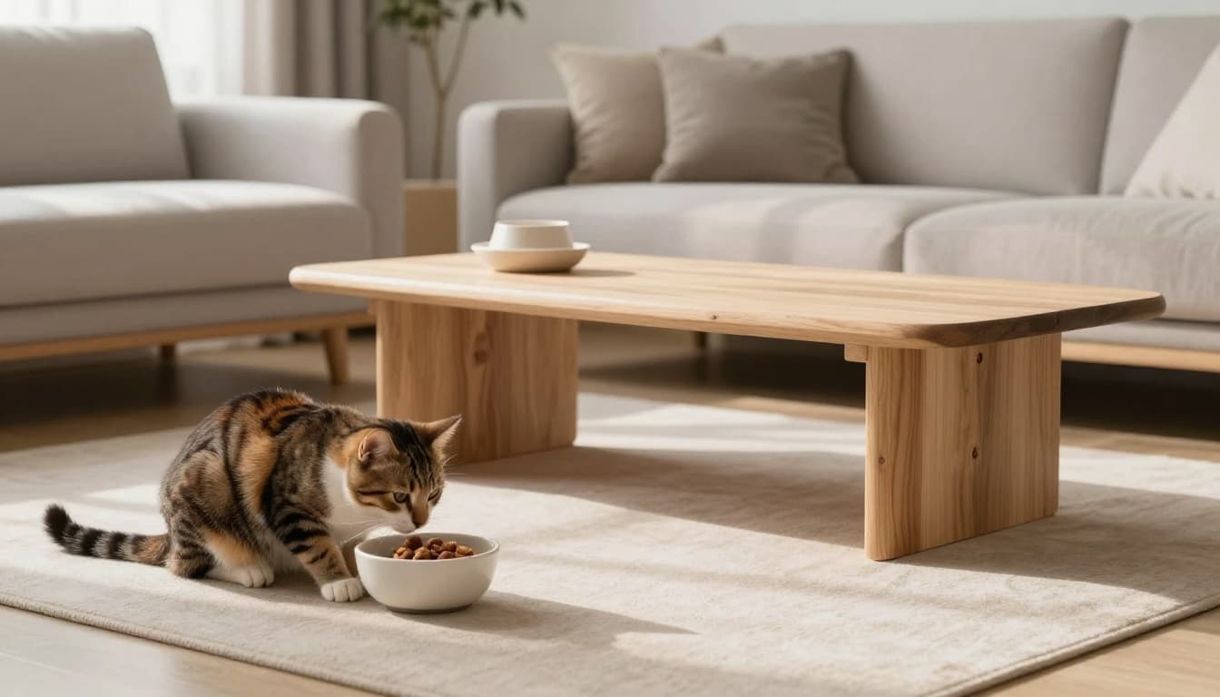 A stressed resident cat watches a newcomer cat from afar near a shared food bowl in a bright, minimalist modern Scandinavian living room with light wood furniture, beige and soft gray tones, cozy elegant ambiance, and a premium cat tree in the background.