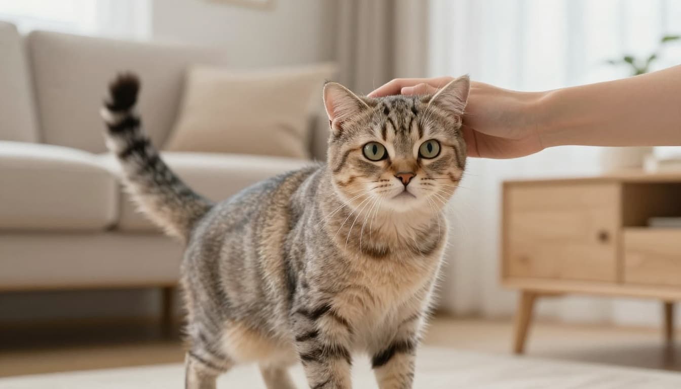 A domestic cat displays stress signals including whipping tail, flattened ears, wide eyes, and rippling skin while being petted in a bright Scandinavian living room with light wood furniture.