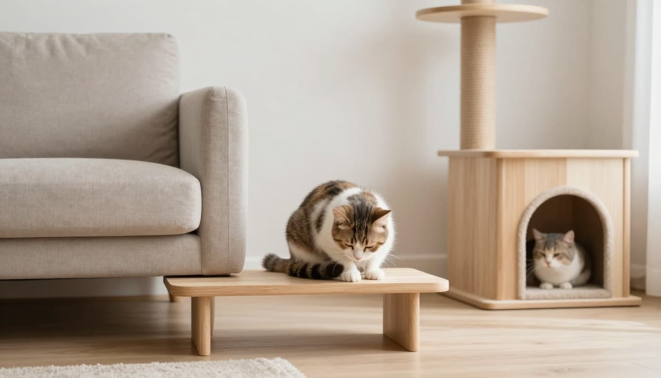 Premium lifestyle photo capturing cat stress in a minimalist Scandinavian interior: one cat excessively grooming on a low shelf near a compact sofa, another hiding under furniture, with an underutilized vertical cat tree, bright natural light and cozy neutral tones.