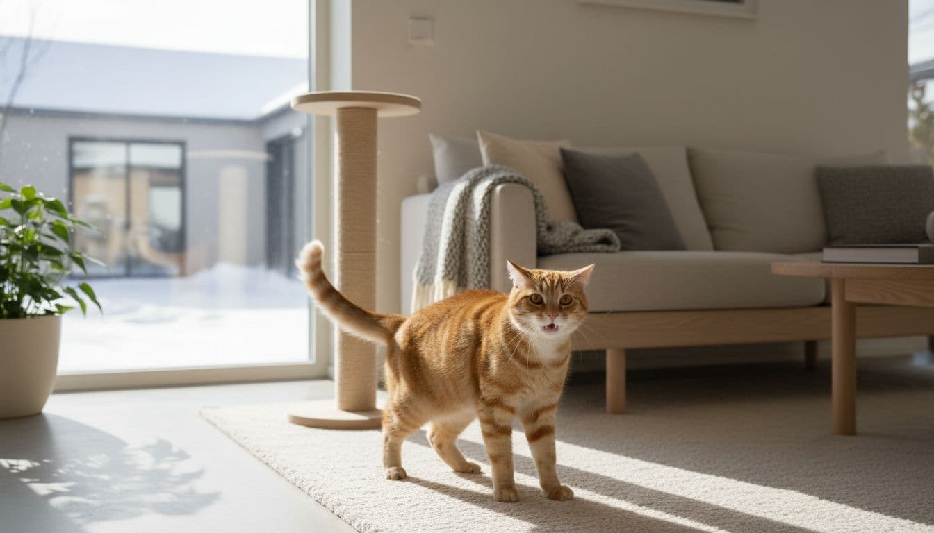 A stressed tabby cat paces and vocalizes near a window in a bright, minimalist Scandinavian living room with beige tones, light wood, and soft grays, blending cozy warmth with subtle tension.