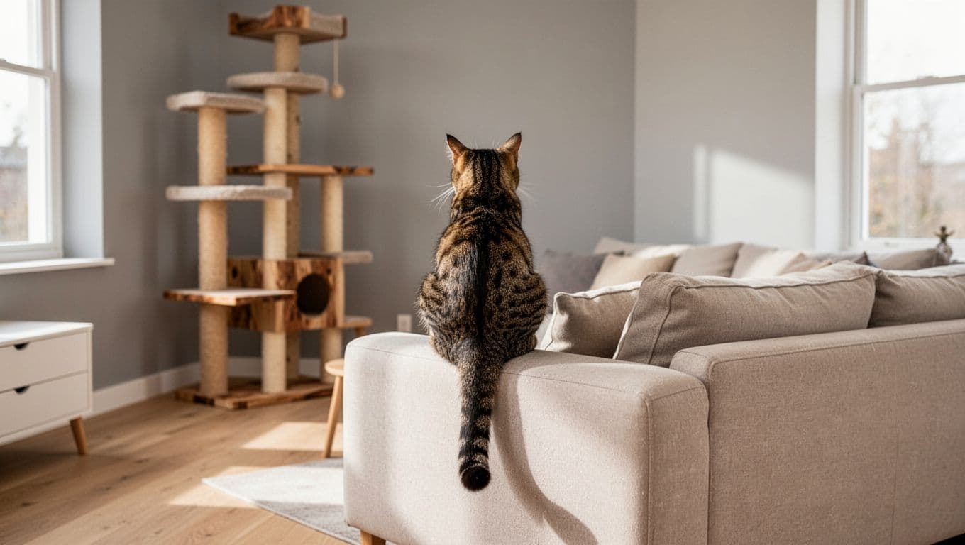 Exactly one domestic shorthair cat turns its back to the viewer, sitting perched on a light beige sofa backrest in a bright modern Scandinavian living room with a sulky posture. Background includes a premium cat tree, soft grey walls, natural daylight, and minimalist cozy decor.