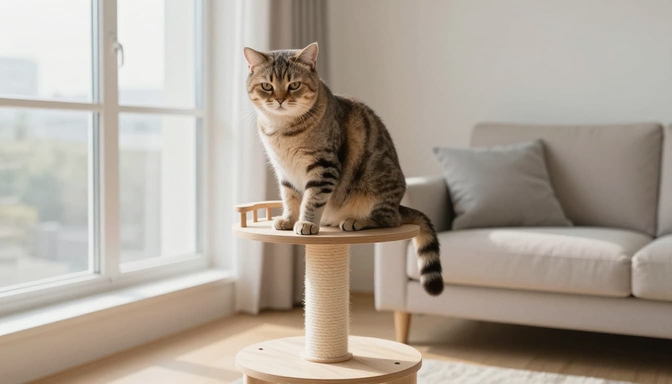 A single domestic shorthair cat with a sulky expression sits perched on a premium solid wood cat tree in a modern Scandinavian living room, showing mild displeasure amid bright natural light and minimalist decor.