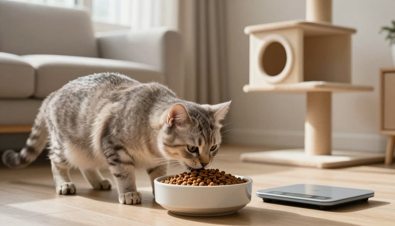 Premium lifestyle photo of a sleek adult cat calmly eating kibble from a ceramic bowl in a sunlit minimalist Scandinavian living room, with a digital kitchen scale showing weighed portions and a stylish cat tree in the background.