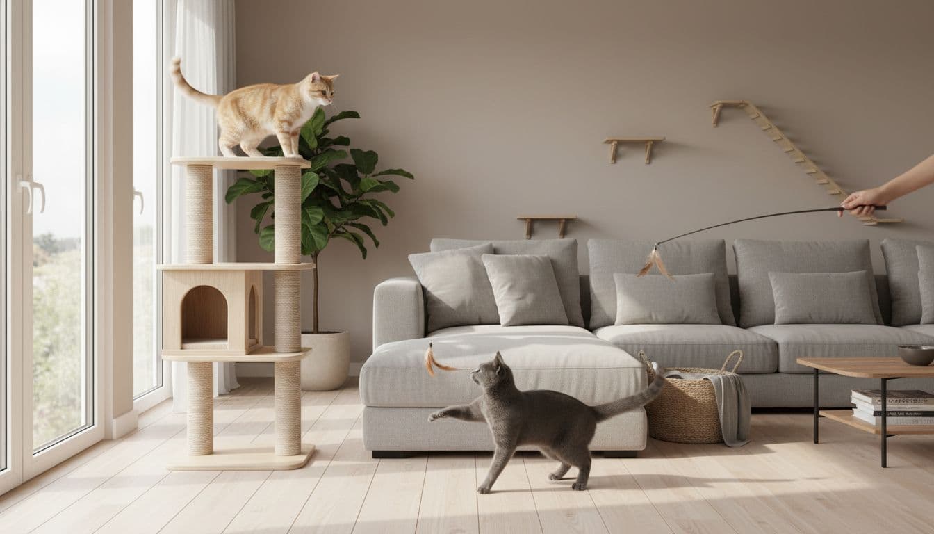 In a sunlit modern Scandinavian living room with neutral tones, a gray shorthair and tabby cat calmly play with a fishing rod toy on a sturdy premium cat tree.