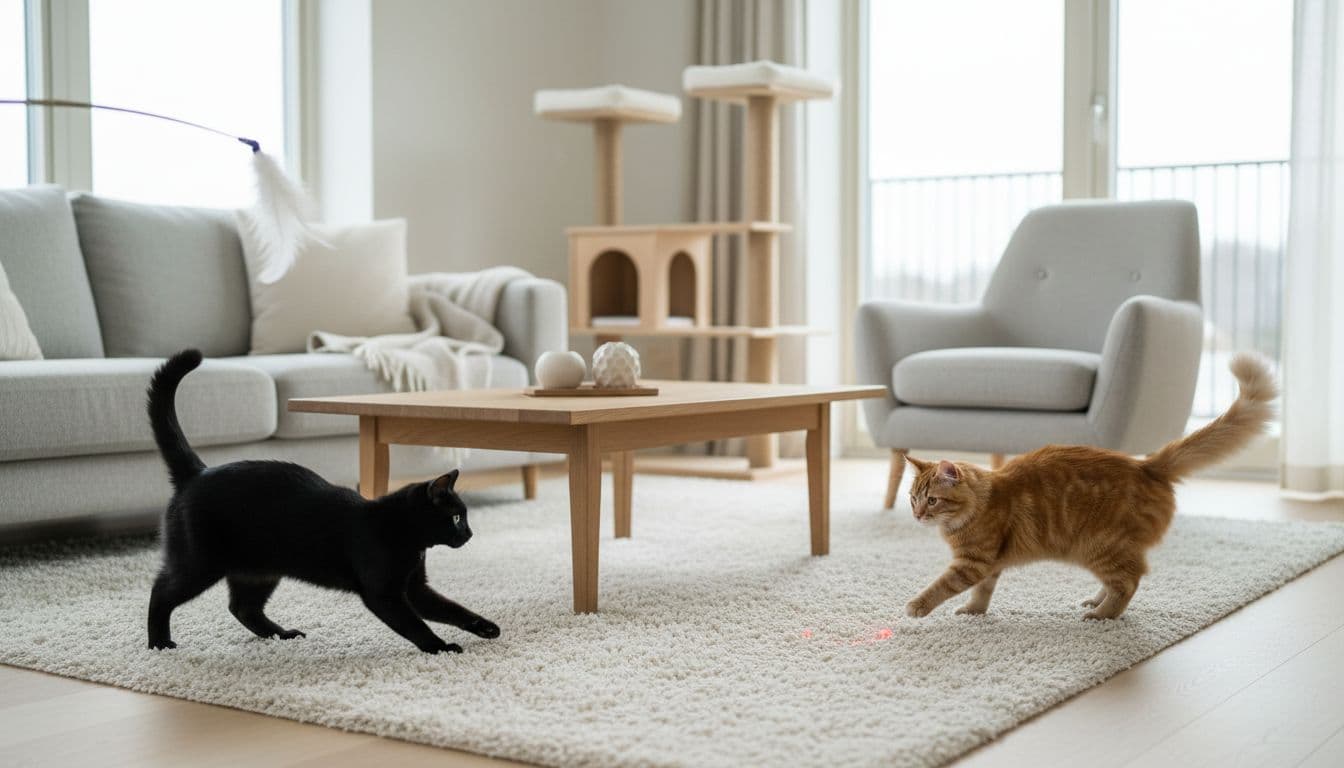 In a sunlit modern Scandinavian living room with neutral tones and light wood furniture, a black cat pounces on a feather toy while a ginger tabby chases a laser dot, engaging in relaxed parallel play with a stylish cat tree in the background.
