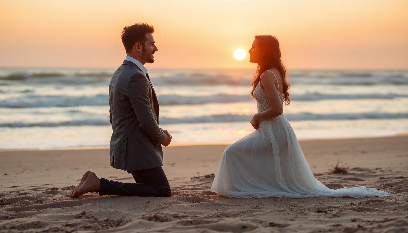 Demande en mariage au coucher du soleil sur une plage déserte, image créée avec IA