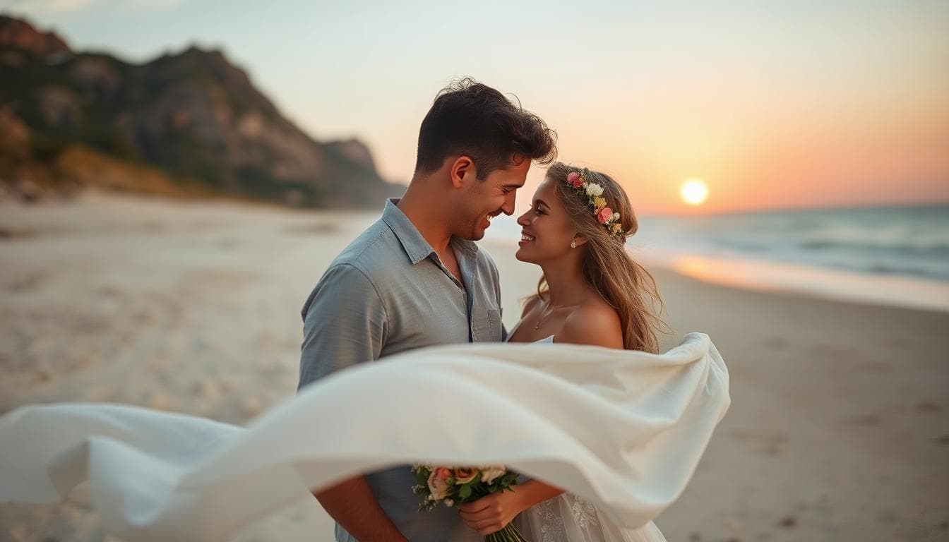 Demande en mariage bohème au coucher du soleil sur une plage déserte