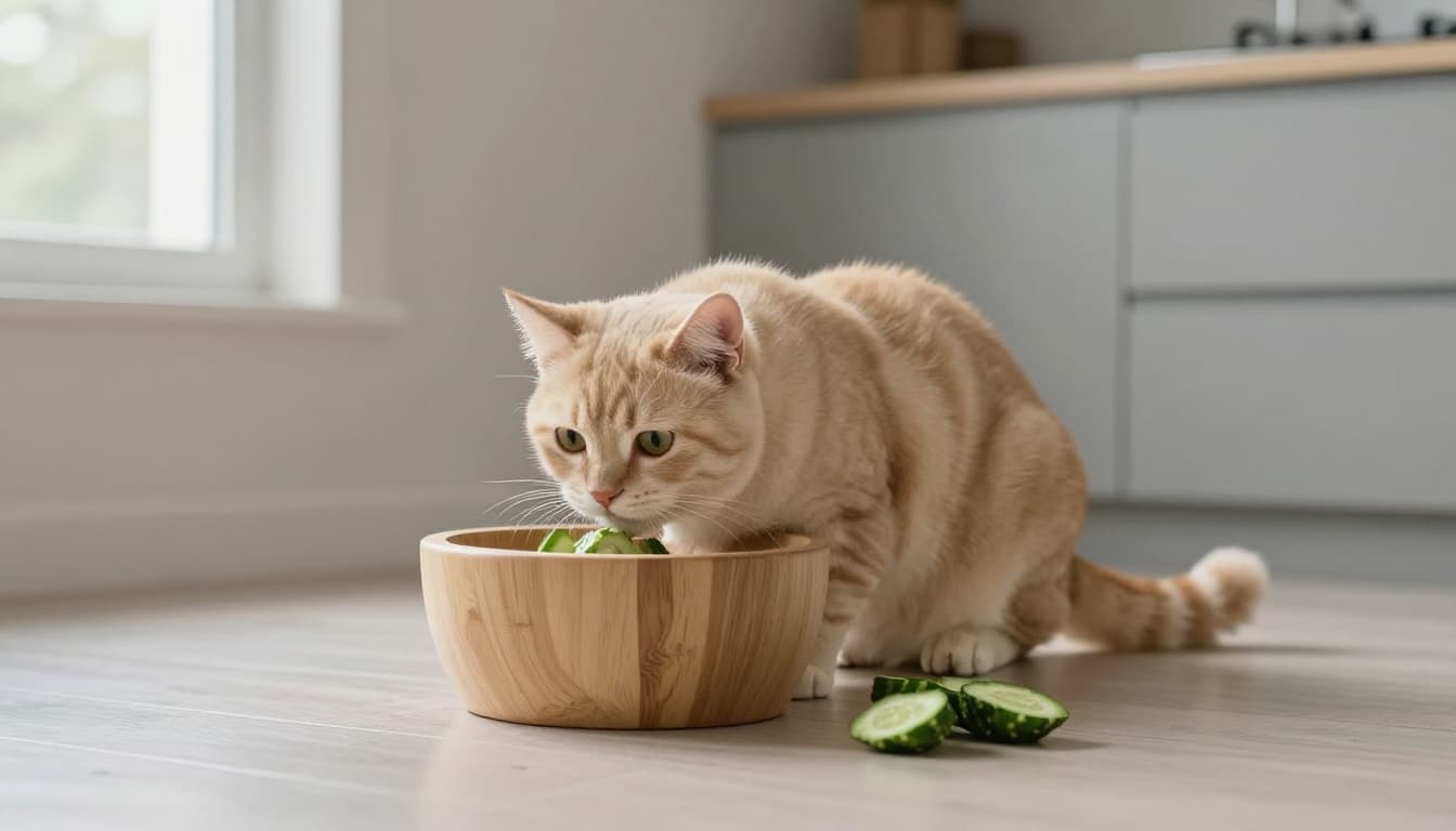 A beige-furred cat eating from a light wooden bowl on a parquet floor in a bright Scandinavian kitchen turns its head in slight surprise at a fresh green cucumber placed discreetly behind it. The scene captures a cozy, minimalist interior with natural light, beige walls, soft gray accents, and premium lifestyle photography style.